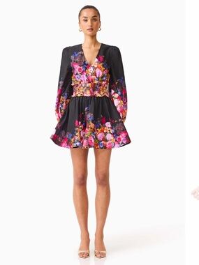 elliatt alice black ombre floral print long sleeve mini dress size small NEW